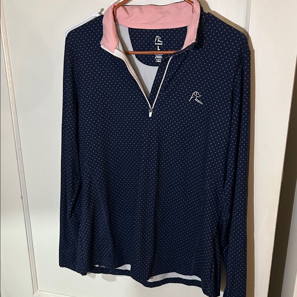 Rhoback Navy Blue Polka Dot Long Sleeve Quarter Zip with Pink Collar